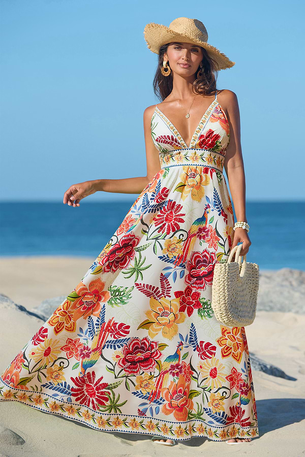 Floral Plunging Neck Maxi Dress for Beach Vacation
