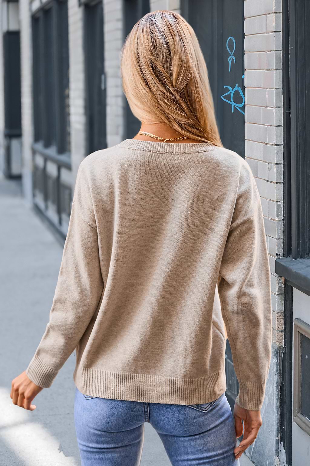 Beiger Lange Ärmel Rundhals Pullover