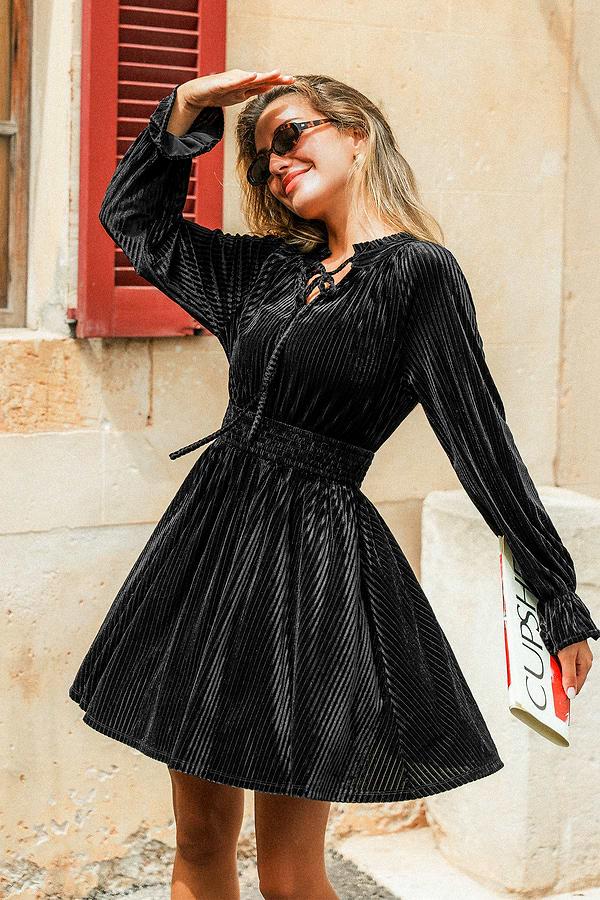 elegant black mini dress Long Sleeve with Notched Neckline Mini length Sizing