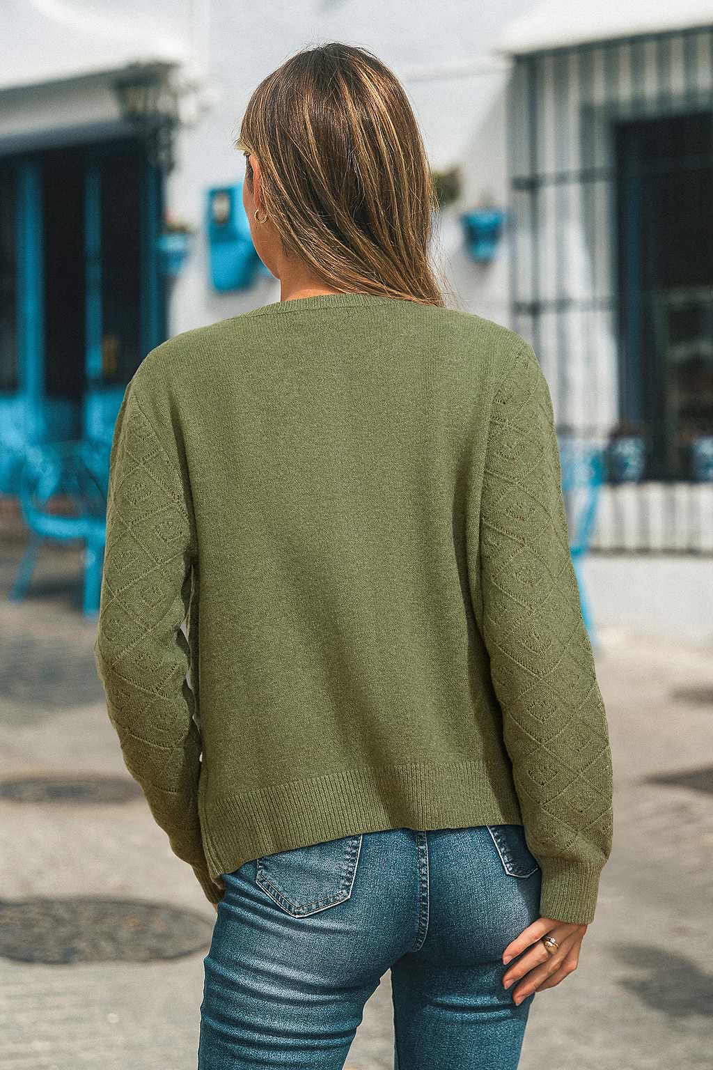 Grüne Strickjacke mit Rundhalsausschnitt