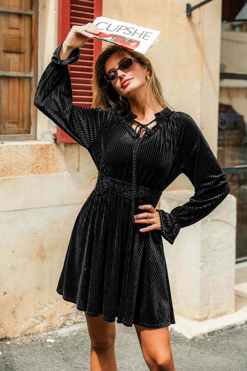 Schwarzes Festliches Langarm Minikleid