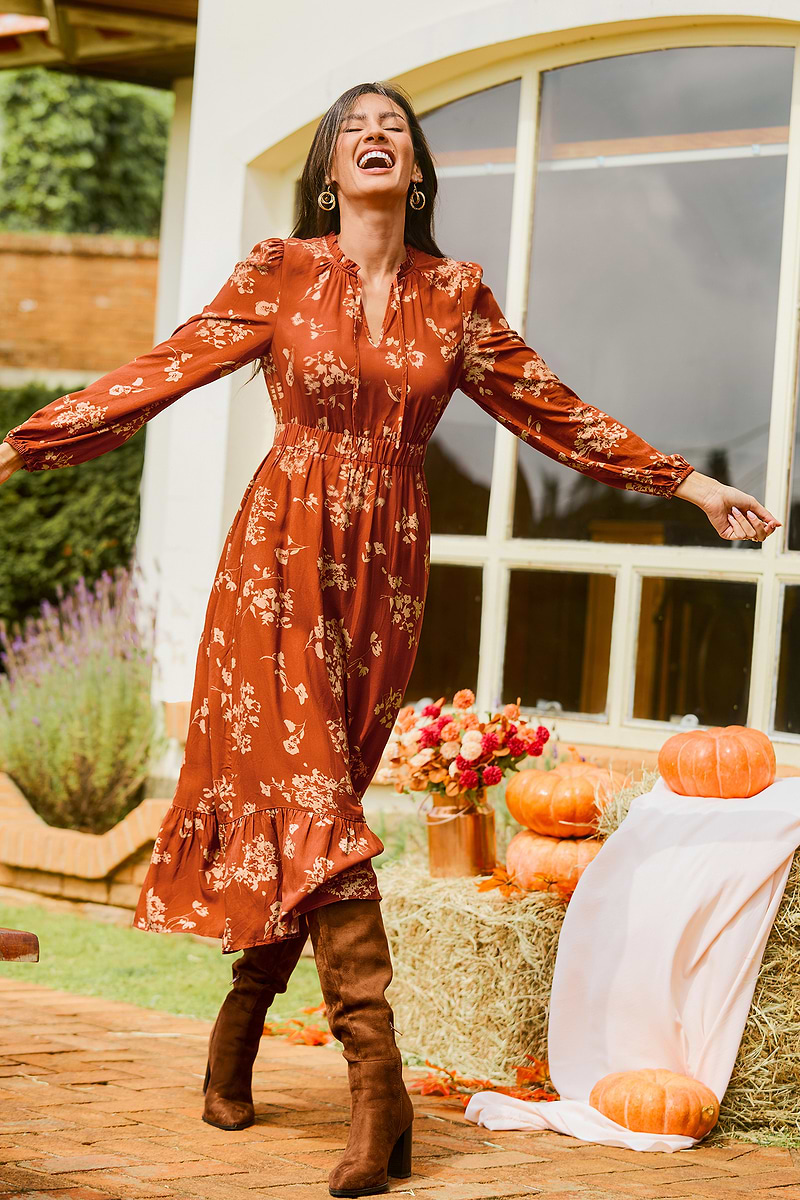 Copper Glow Floral Maxi Dress