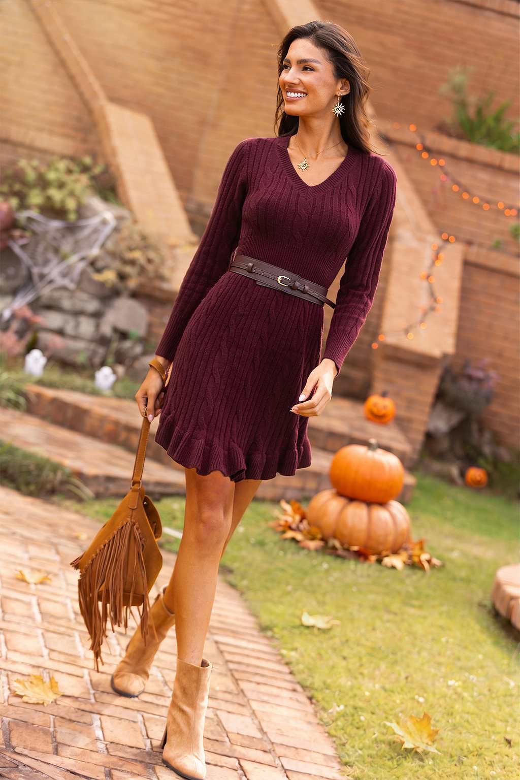Cozy Night Out Brick Mini Jumper Dress