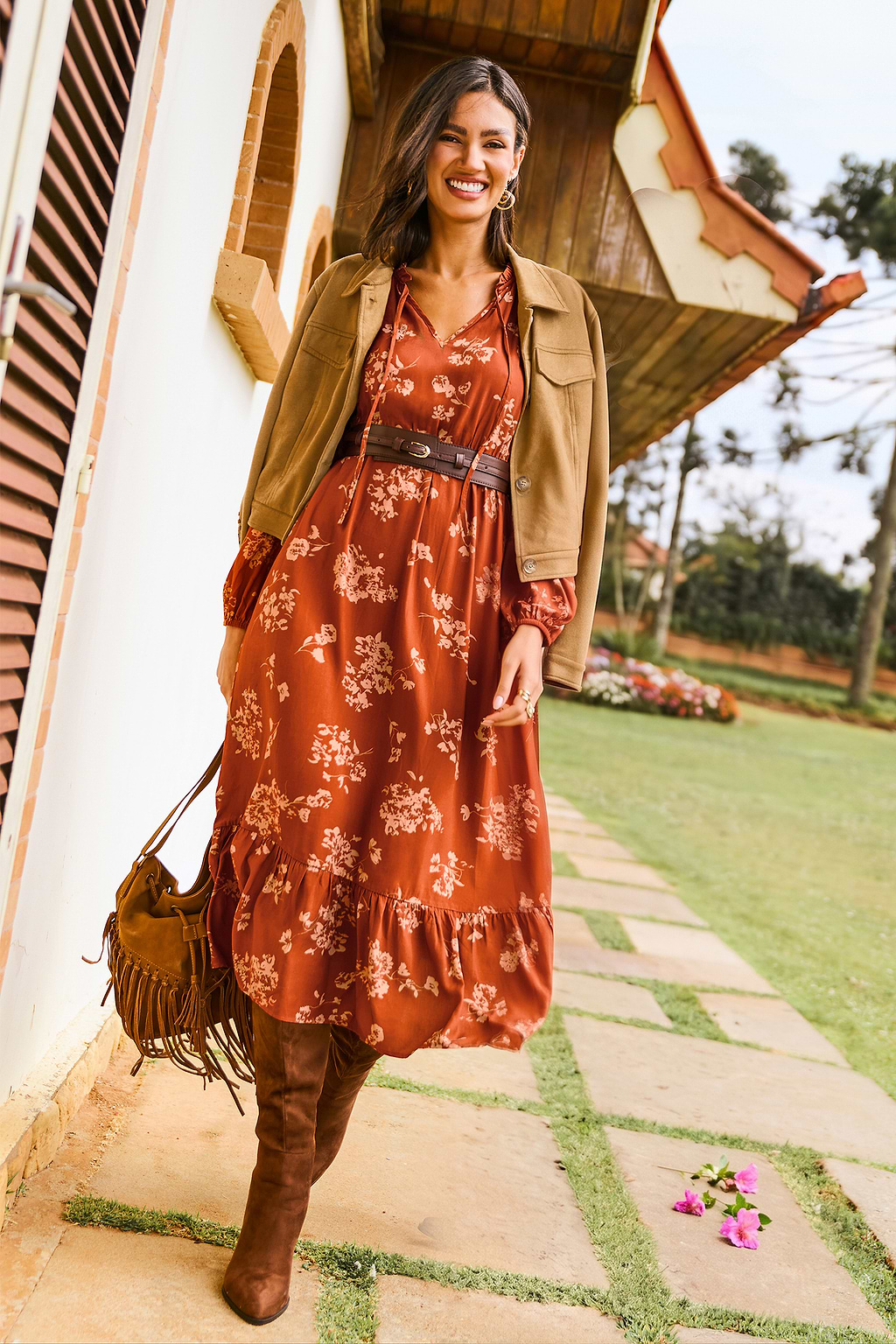 Copper Glow Floral Maxi Dress
