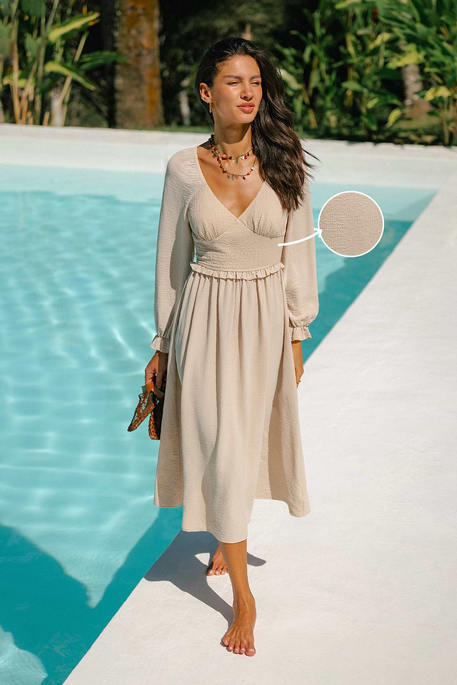 neutral flowy dress with sleeves Sepia Toned Maxi sequined evening gown