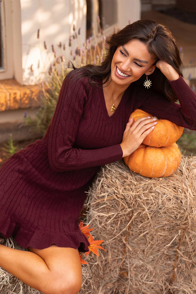 Cozy Night Out Brick Mini Sweater Dress