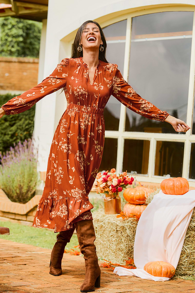 Copper Glow Floral Maxi Dress