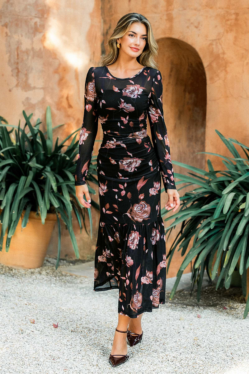 Schwarzes geblümtes elegantes Langarm Mesh-Maxikleid