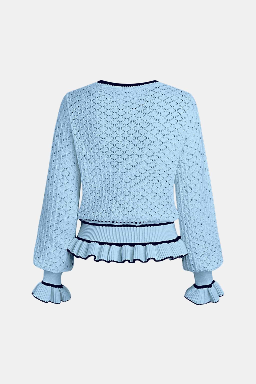 Blauer Langarmpullover mit Rüschenbesatz