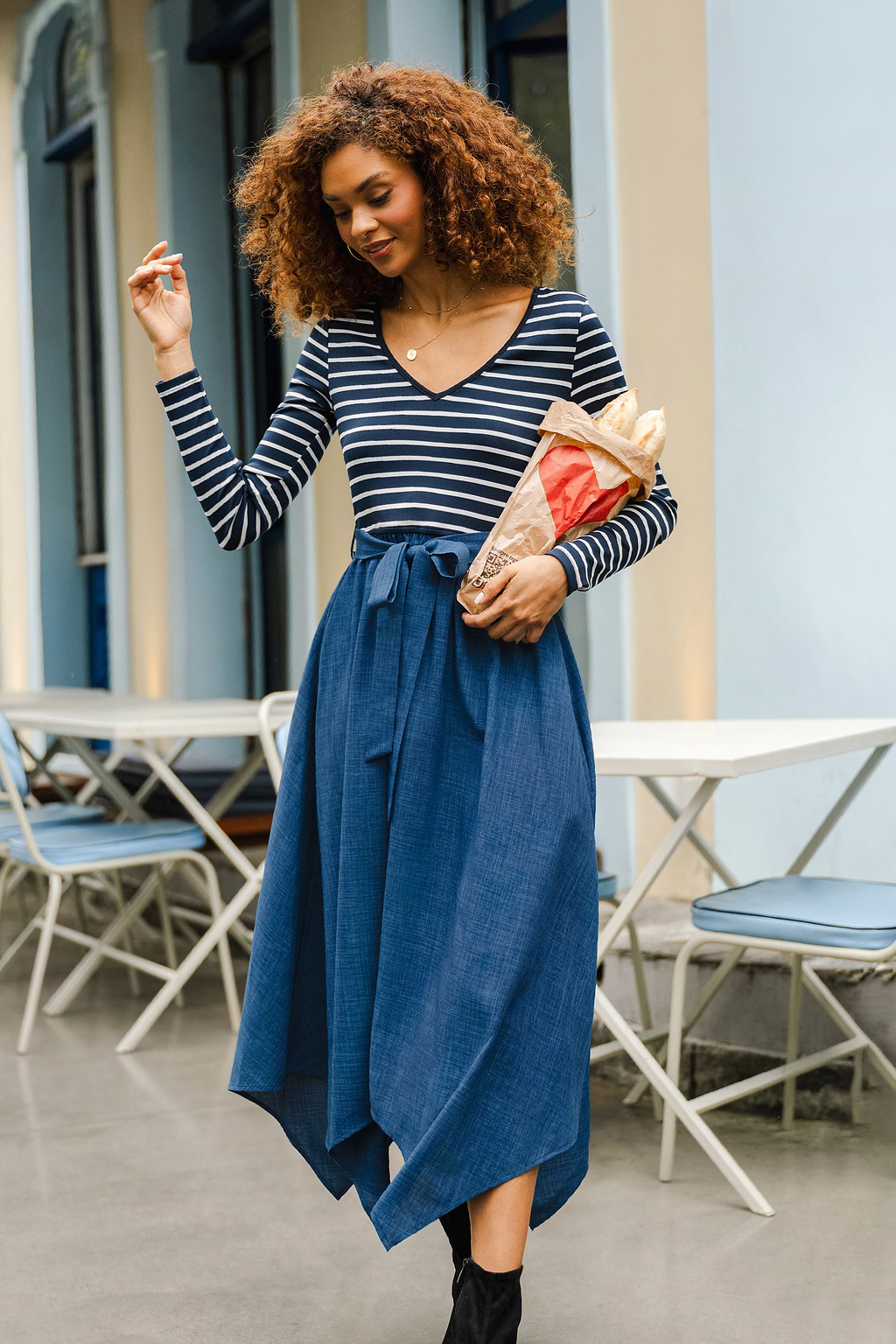 Blau Gestreiftes Langarm Midi-Freizeitkleid mit Taillenband
