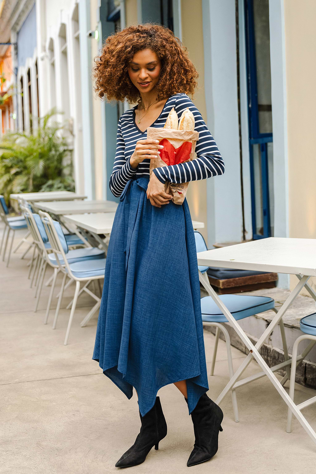 Blau Gestreiftes Langarm Midi-Freizeitkleid mit Taillenband