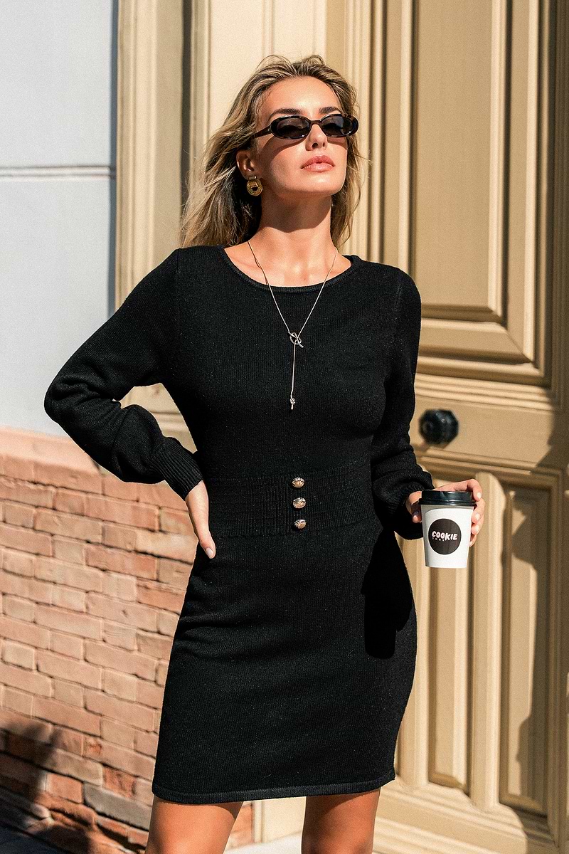 Set the Tone Black Mini Sweater Dress