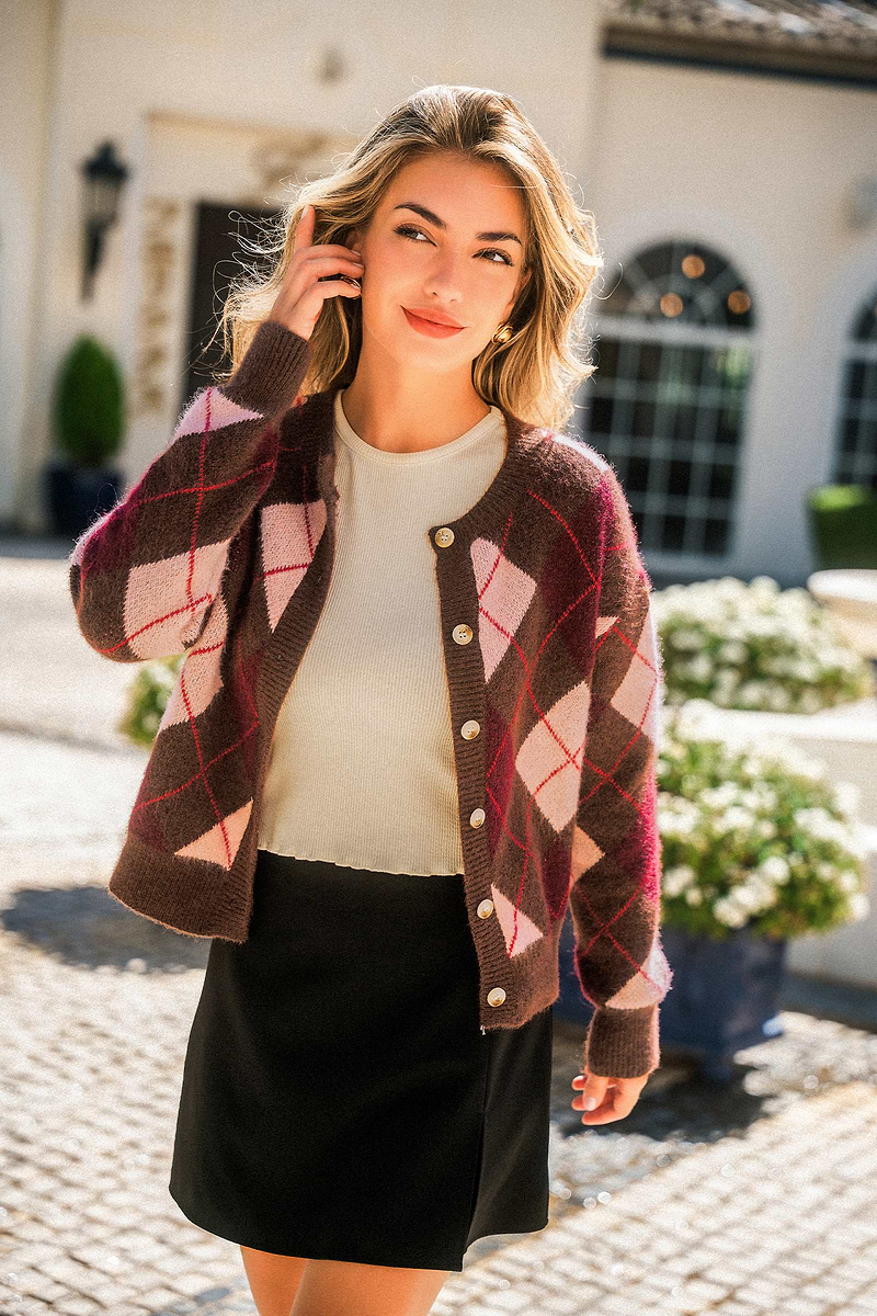 Cardigan à motif losanges en tricot à col rond