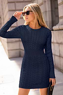 Blaues Figurbetontes Mini-Strickkleid mit Rundhalsausschnitt
