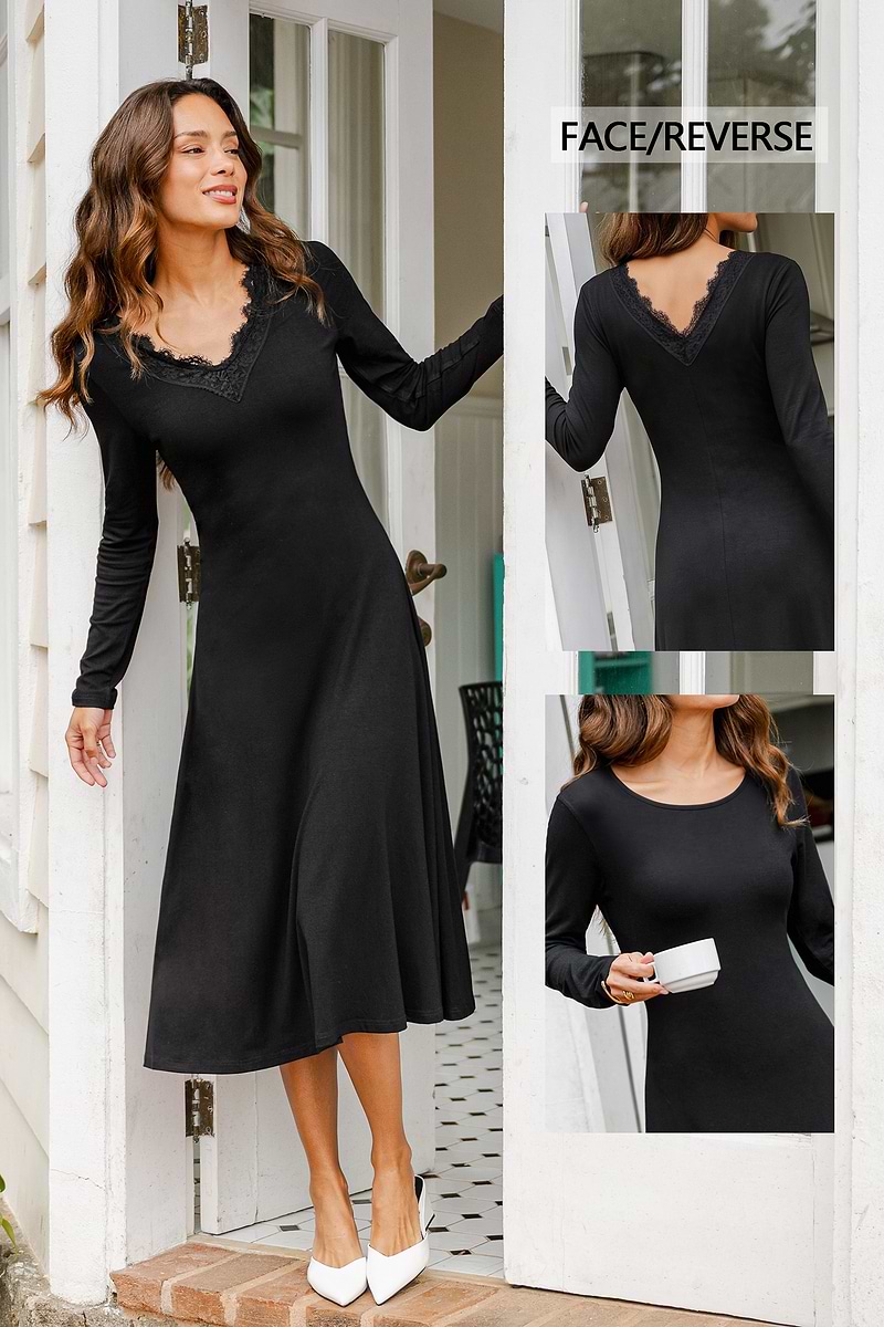 Schwarzes Langarm-Midi-Strickkleid mit V-Ausschnitt