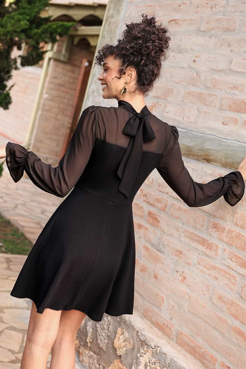 Schwarzes Langarm Mesh Mini-Partykleid mit hohem Ausschnitt