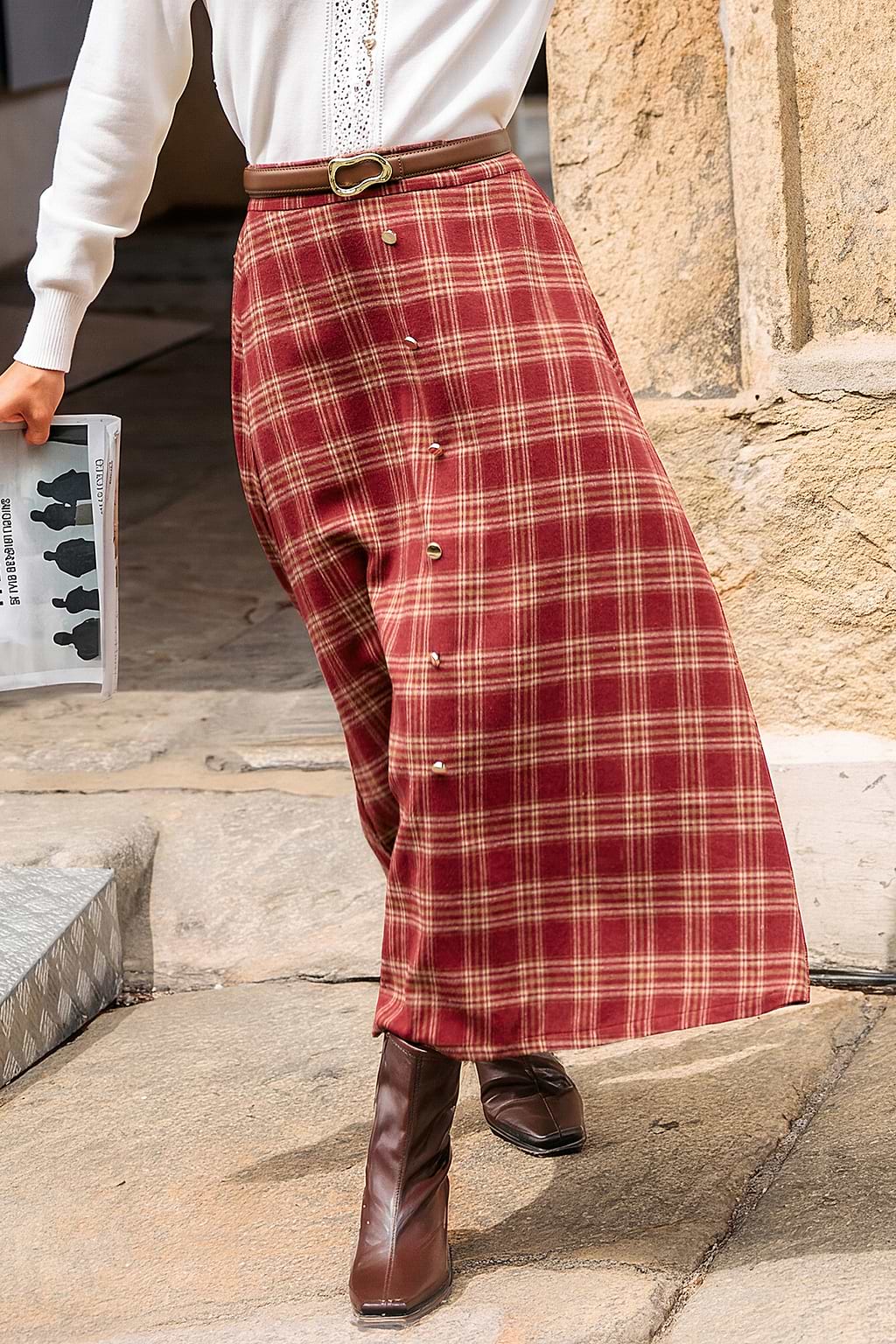 Jupe longue à carreaux avec taille élastique et poches