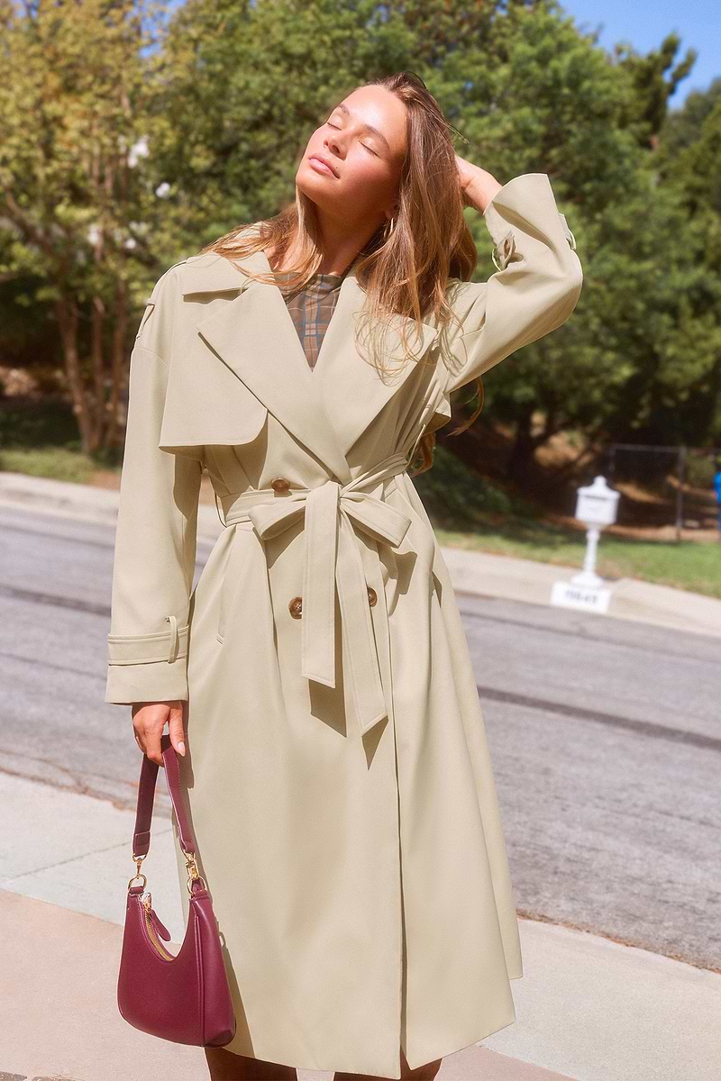 Trench kaki tissé à col chemise et ceinture