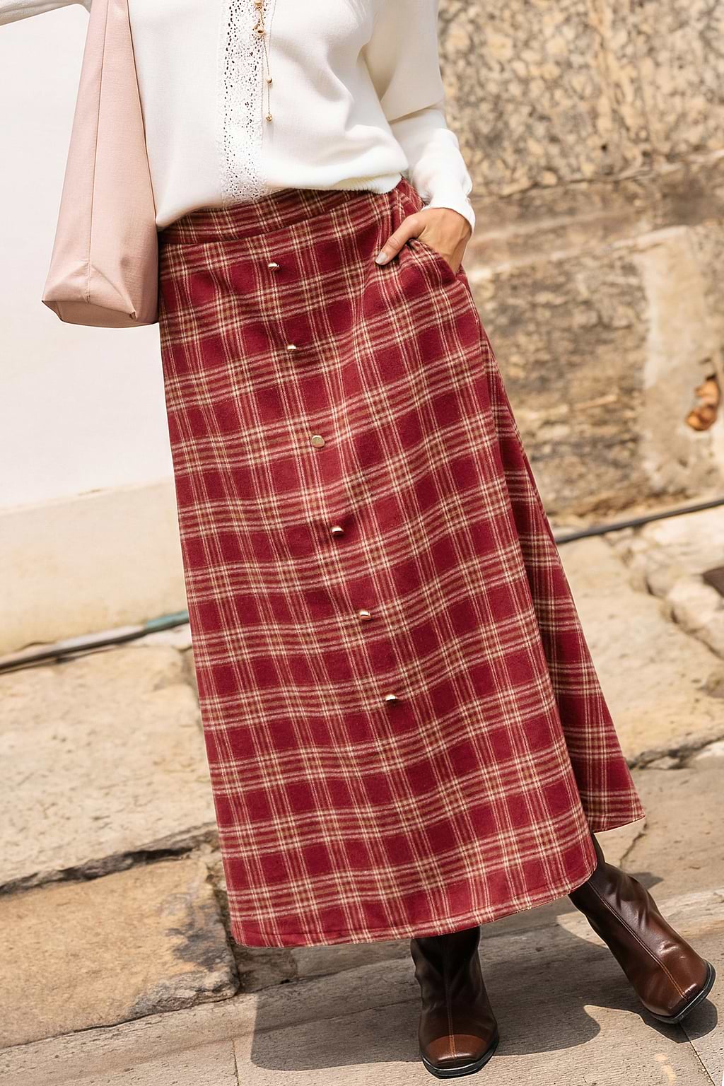 Jupe longue à carreaux avec taille élastique et poches