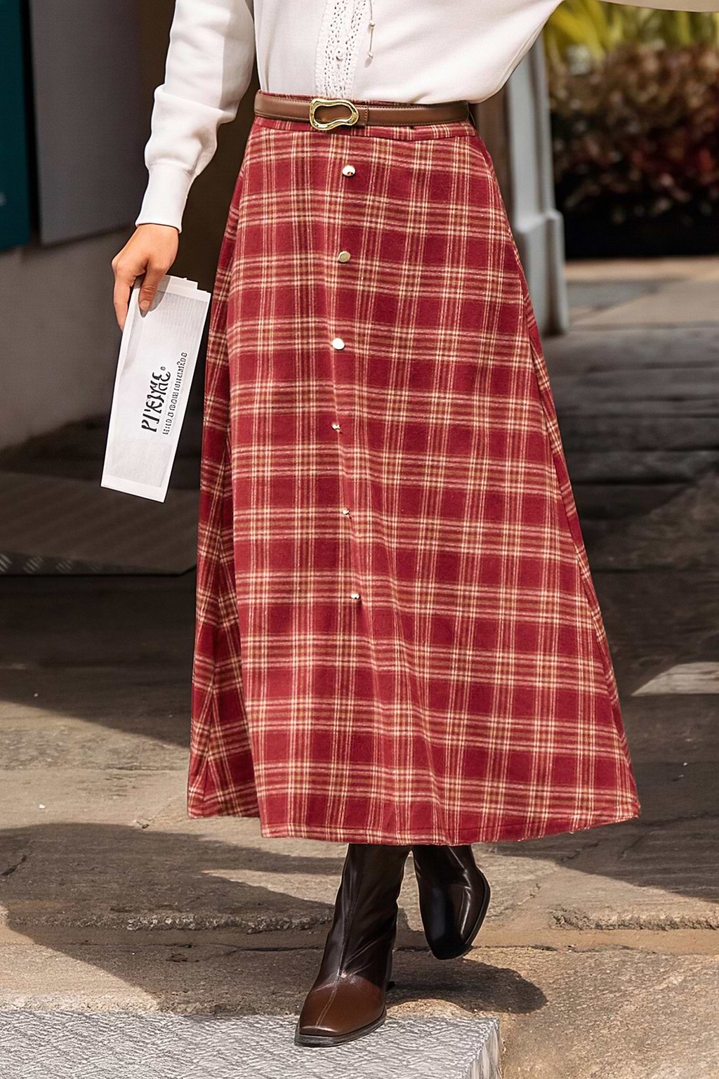 Jupe longue à carreaux avec taille élastique et poches