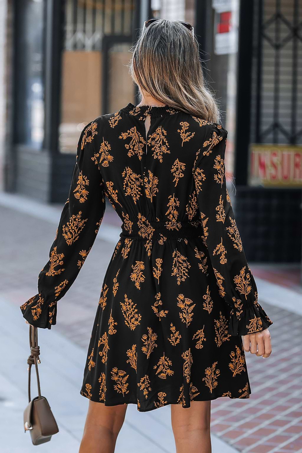 Black Floral Mockneck Blouson Sleeve Mini Dress