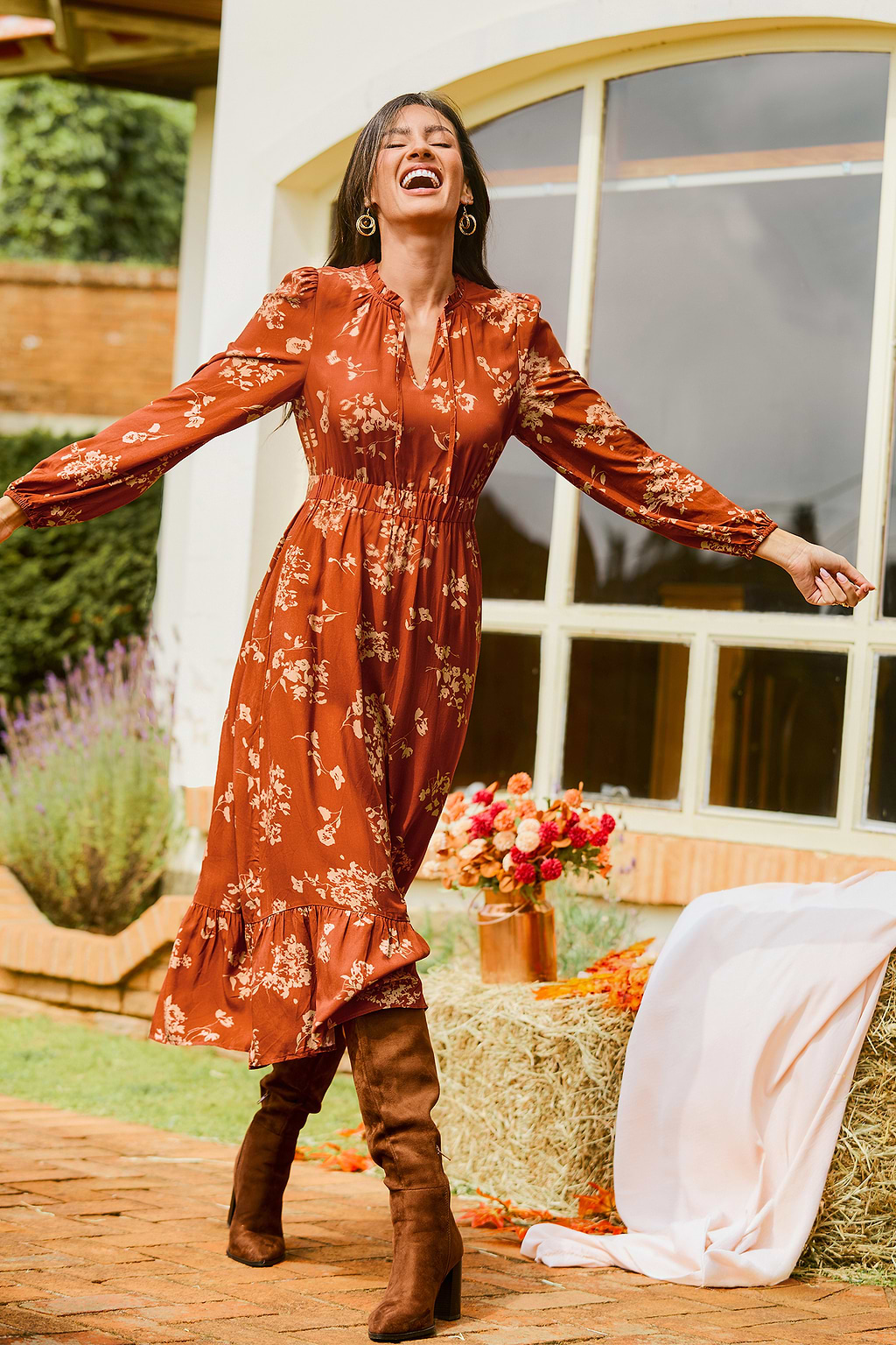 Copper Glow Floral Maxi Dress