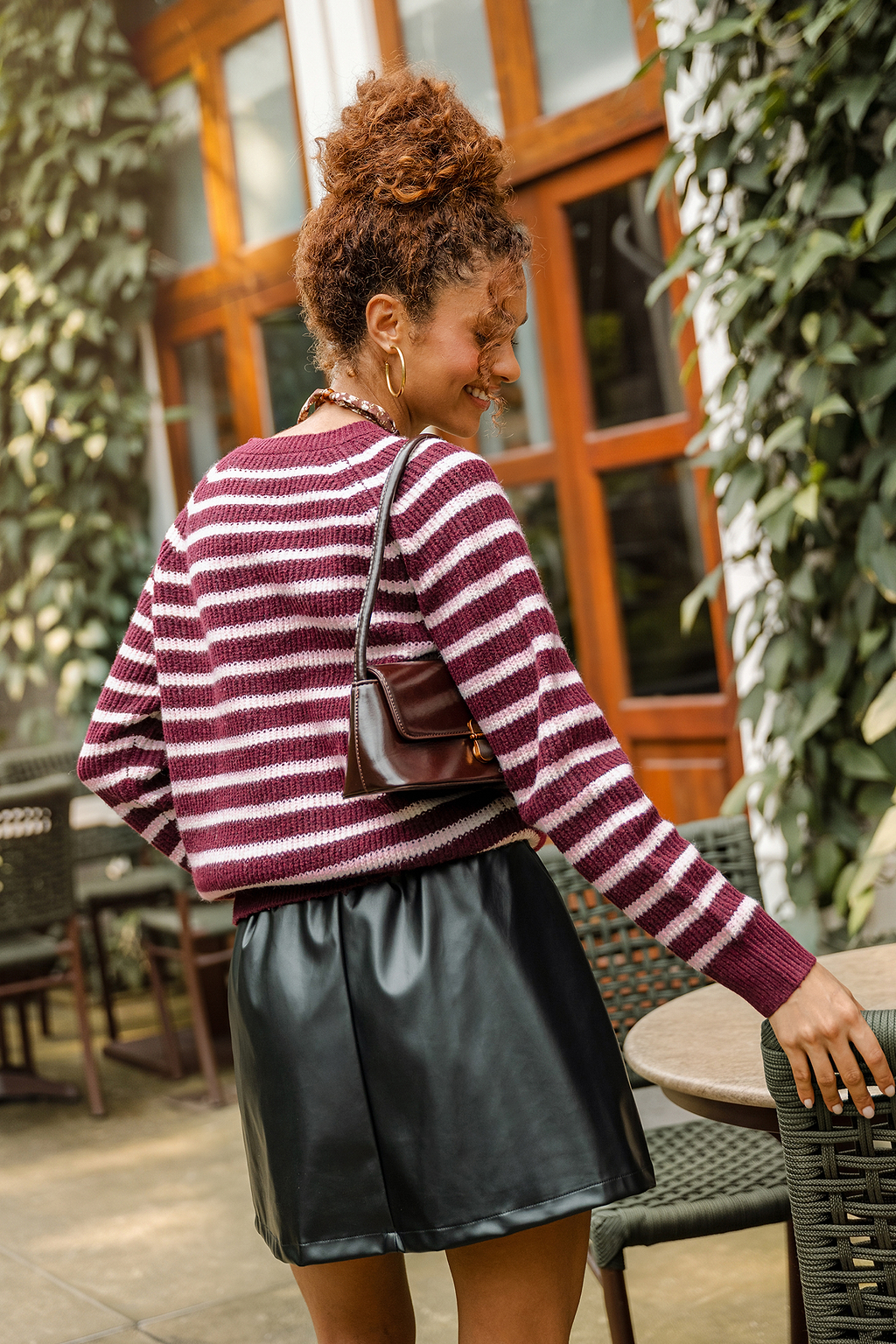 Pull rayé en tricot recyclé avec laine à col rond