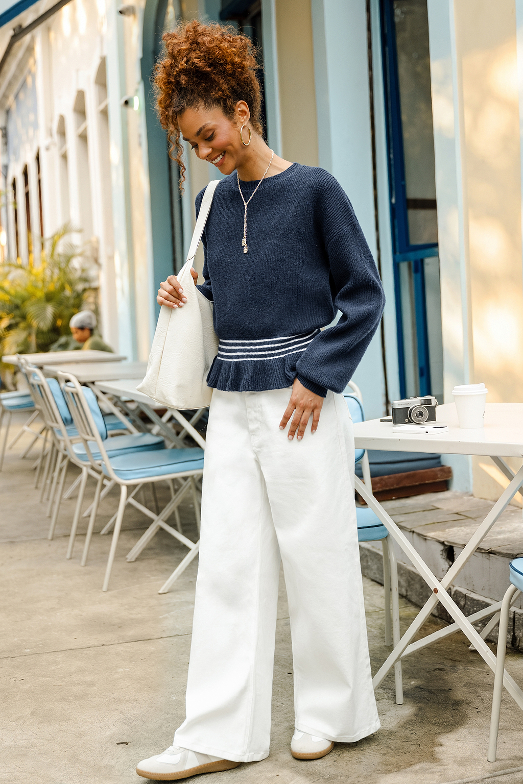 Pull bleu décontracté en tricot à col rond et manches longues