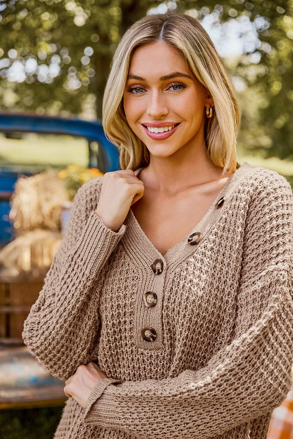 Light Brown V-Neck Long Sleeve Henley Sweater