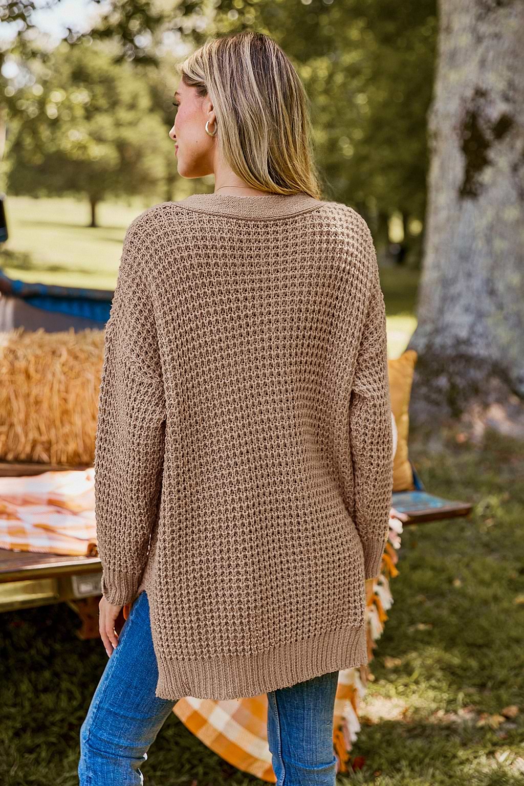 Light Brown V-Neck Long Sleeve Henley Sweater
