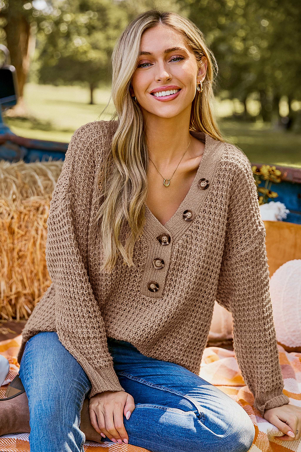 Light Brown V-Neck Long Sleeve Henley Sweater