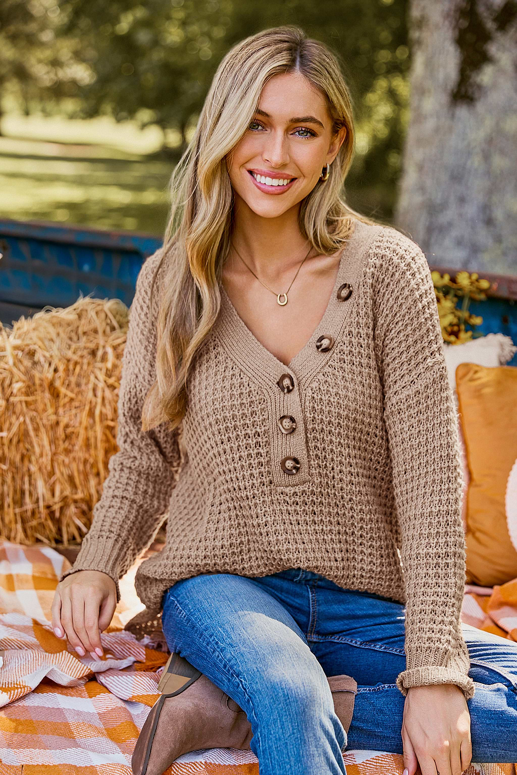 Light Brown V-Neck Long Sleeve Henley Sweater