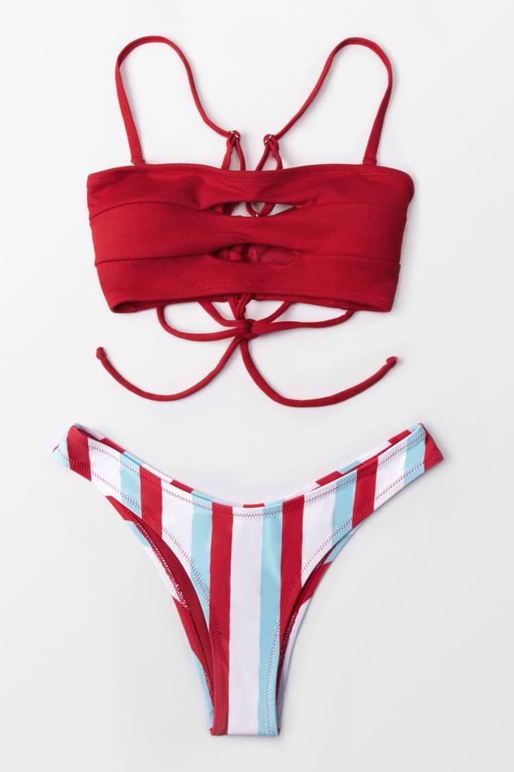 Red and Stripe Cutout Bandeau Bikini