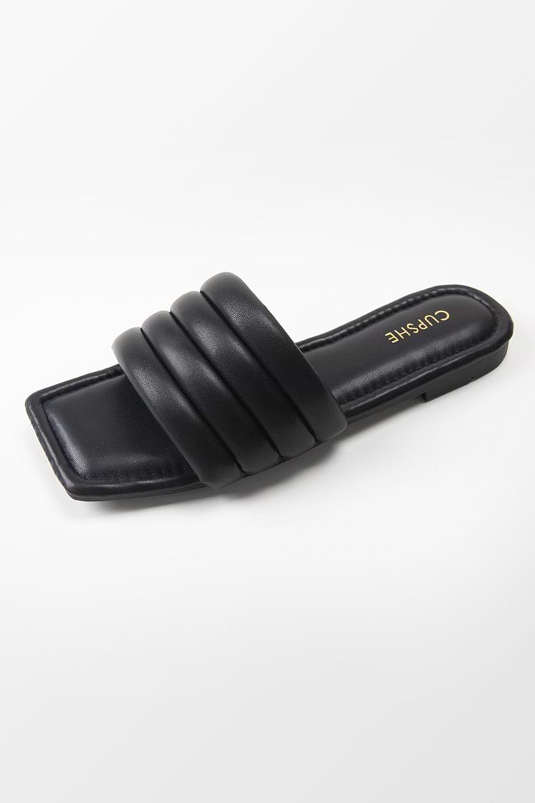 Onyx Black Wide Band Square Toe Slide Sandals