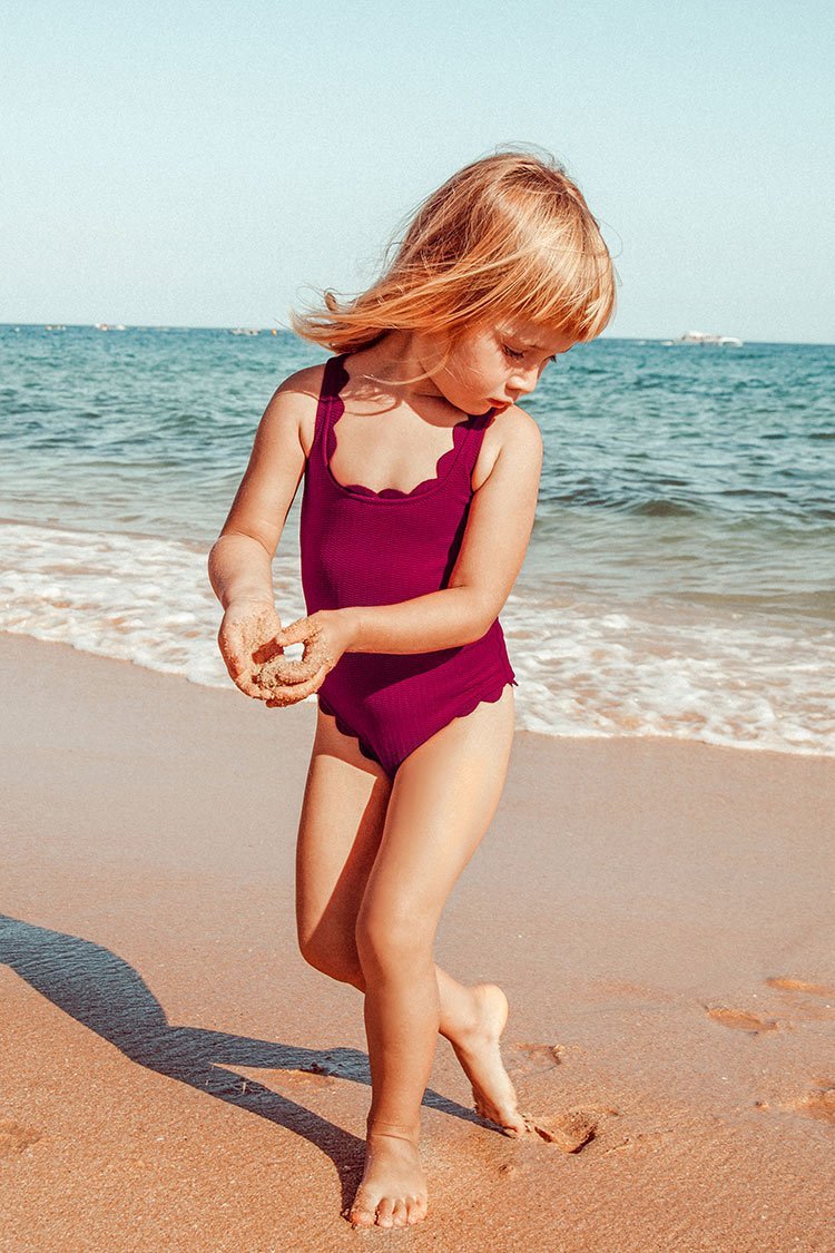 Red Scalloped One Piece Swimsuit For Toddler Girls and Girls