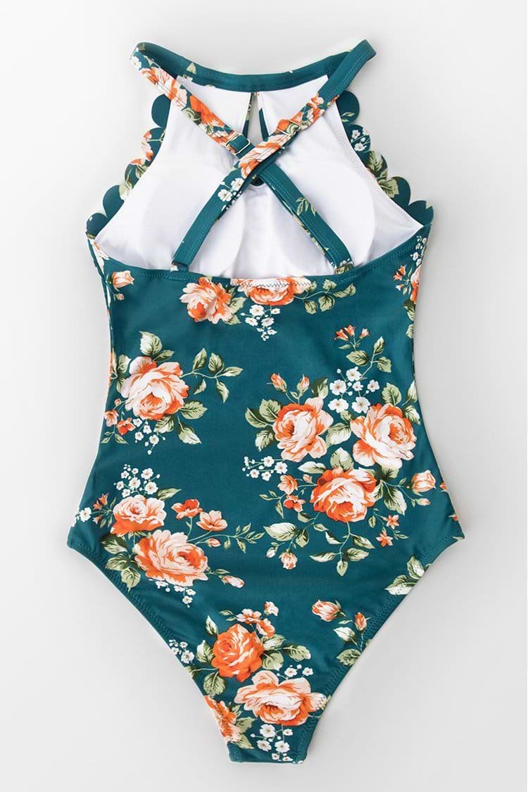 Teal Floral Scalloped One Piece Swimsuit