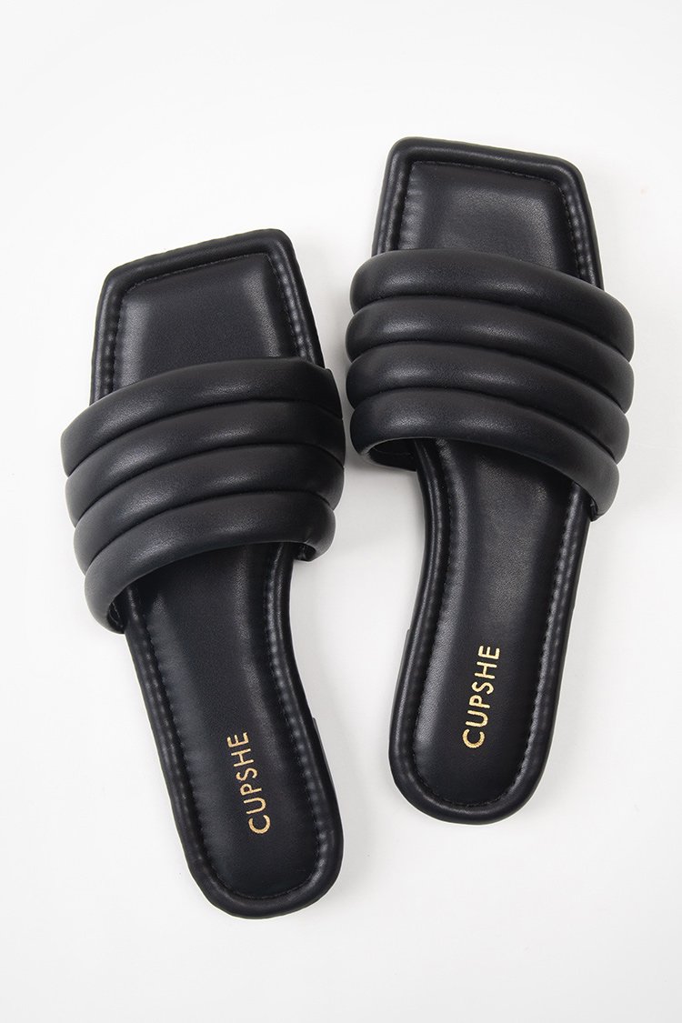 Onyx Black Wide Band Square Toe Slide Sandals