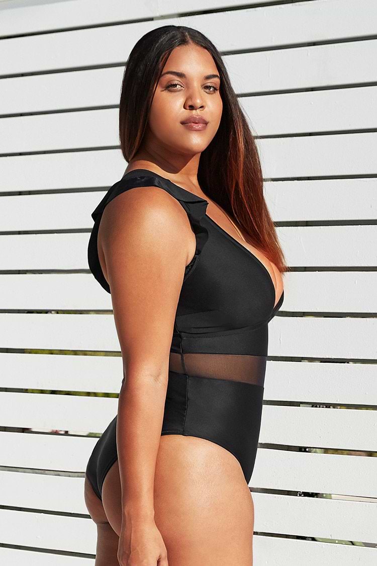Ruffle Plunge V Neck Plus Size One Piece Swimsuit