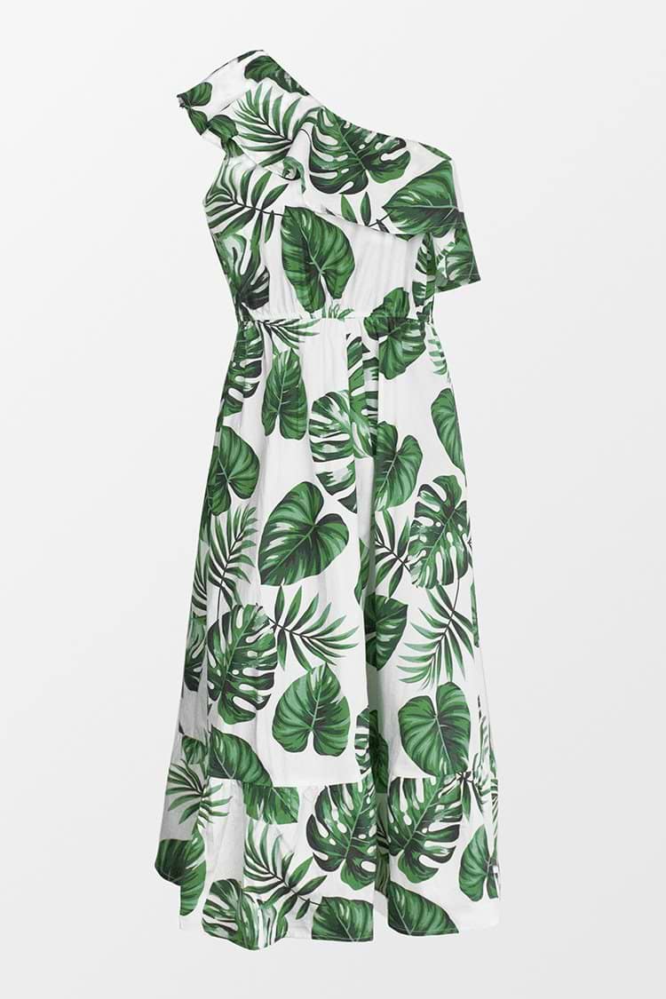 Robe asymétrique à volants imprimé tropical