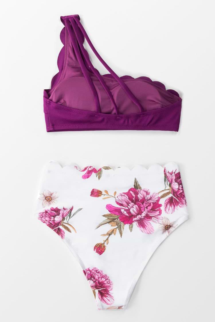 Purple And Floral One Shoulder Scalloped Bikini