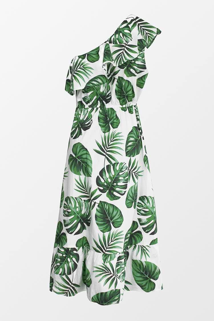 Robe asymétrique à volants imprimé tropical