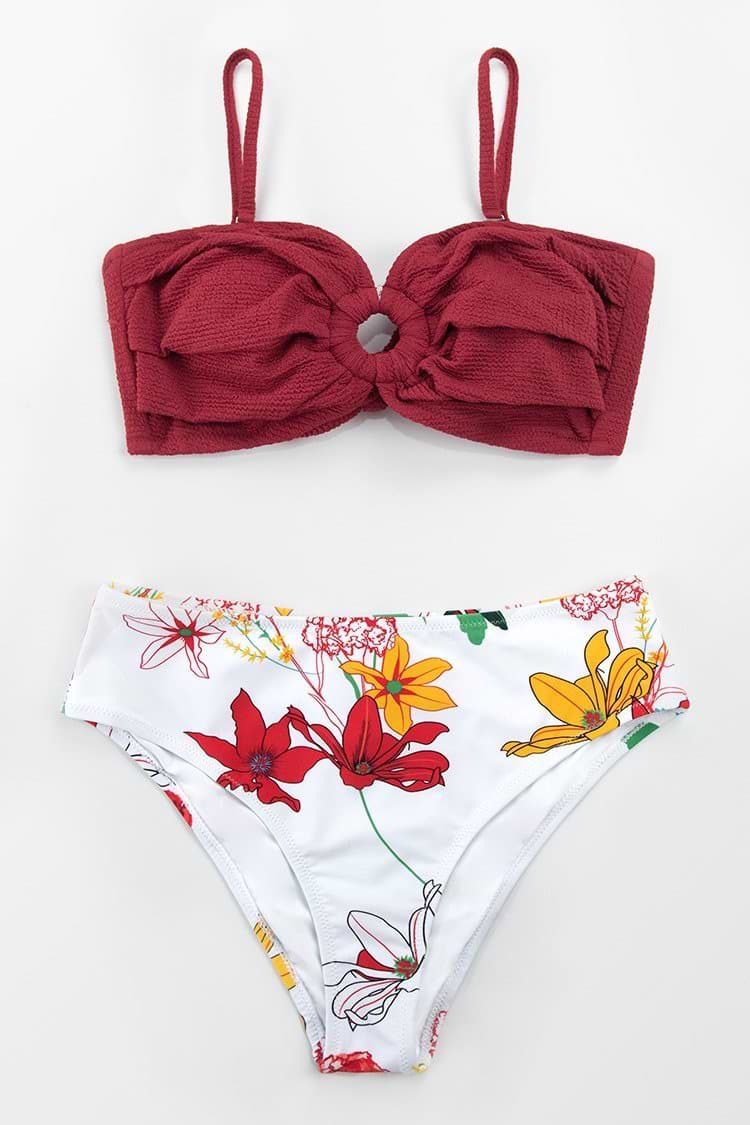 Red And Floral O-Ring High Waisted Bikini