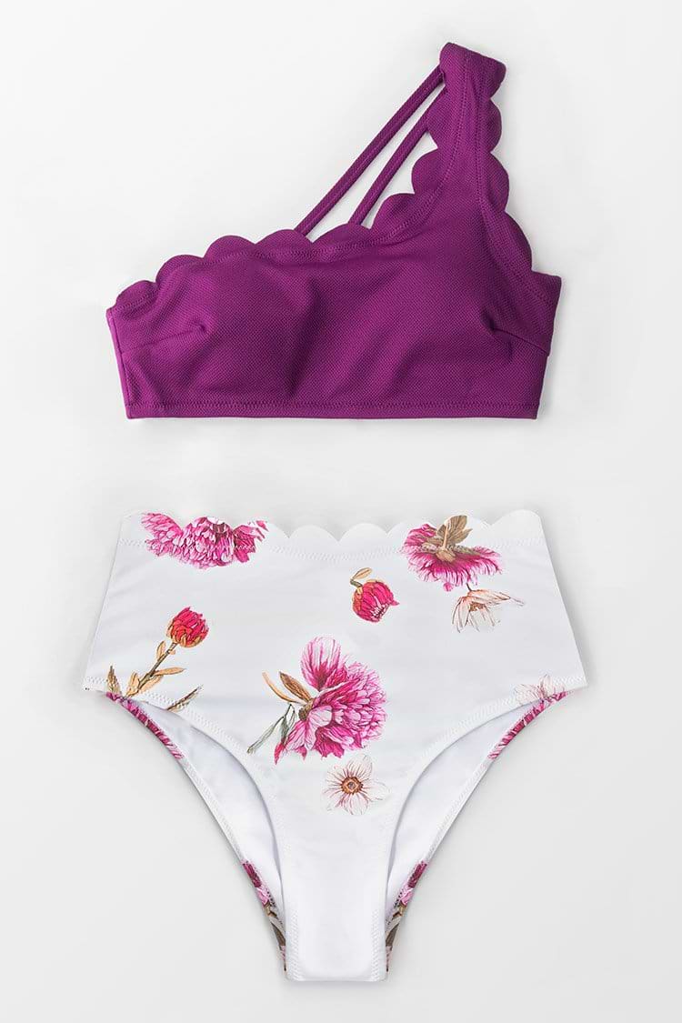 Purple And Floral One Shoulder Scalloped Bikini