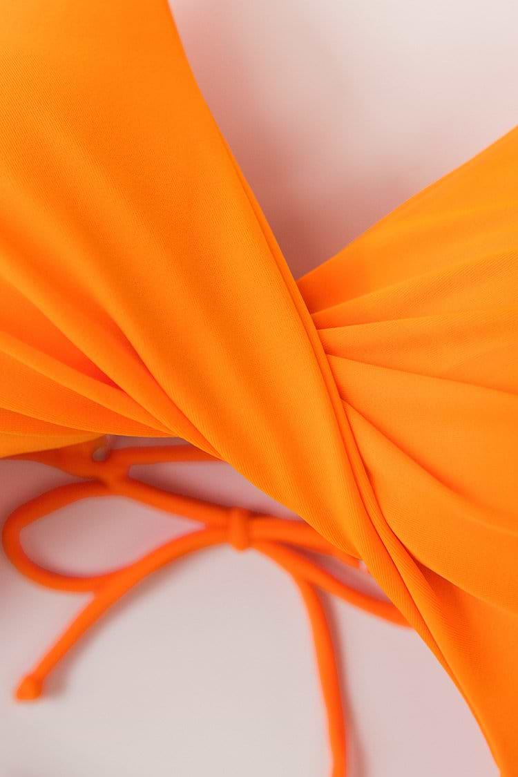 Orange Floral Lace-up Halter One Piece Swimsuit
