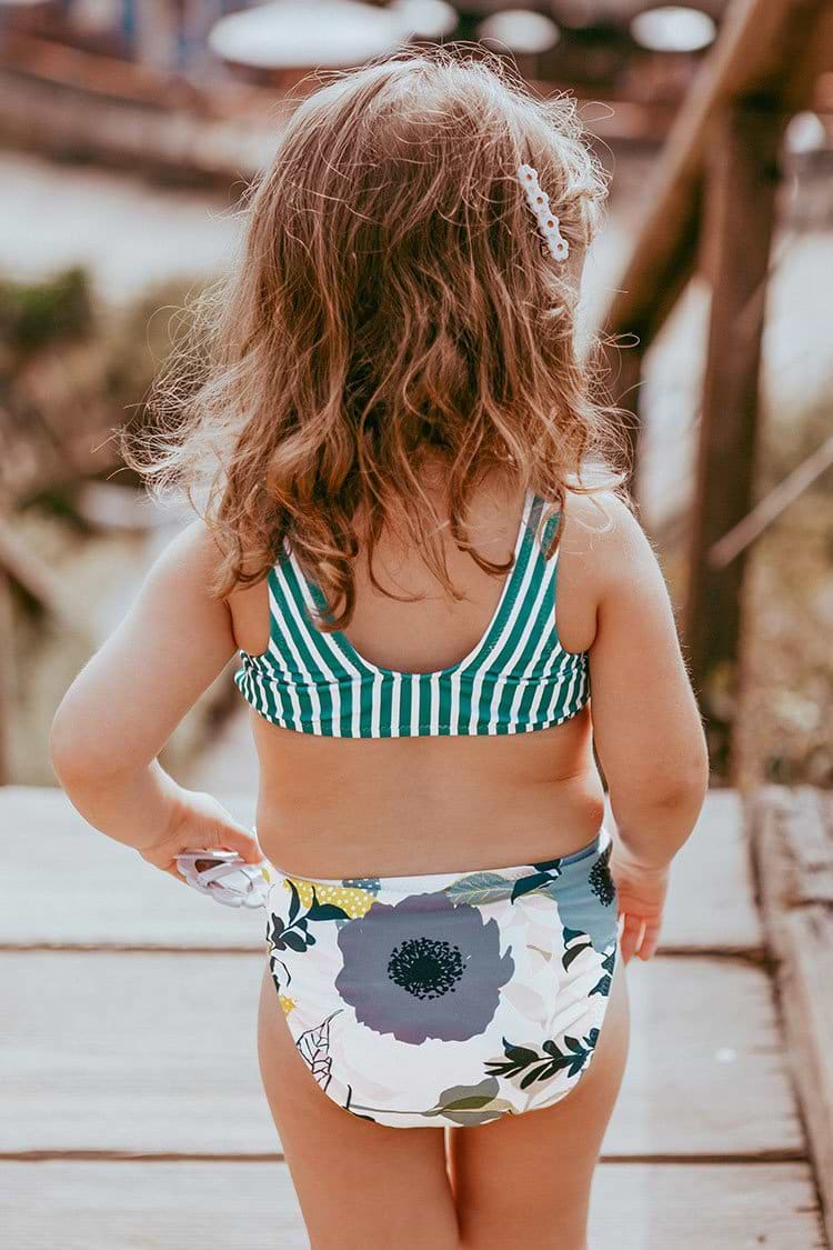 Aqua Striped and Floral One Piece Swimsuit For Toddler Girls and Girls