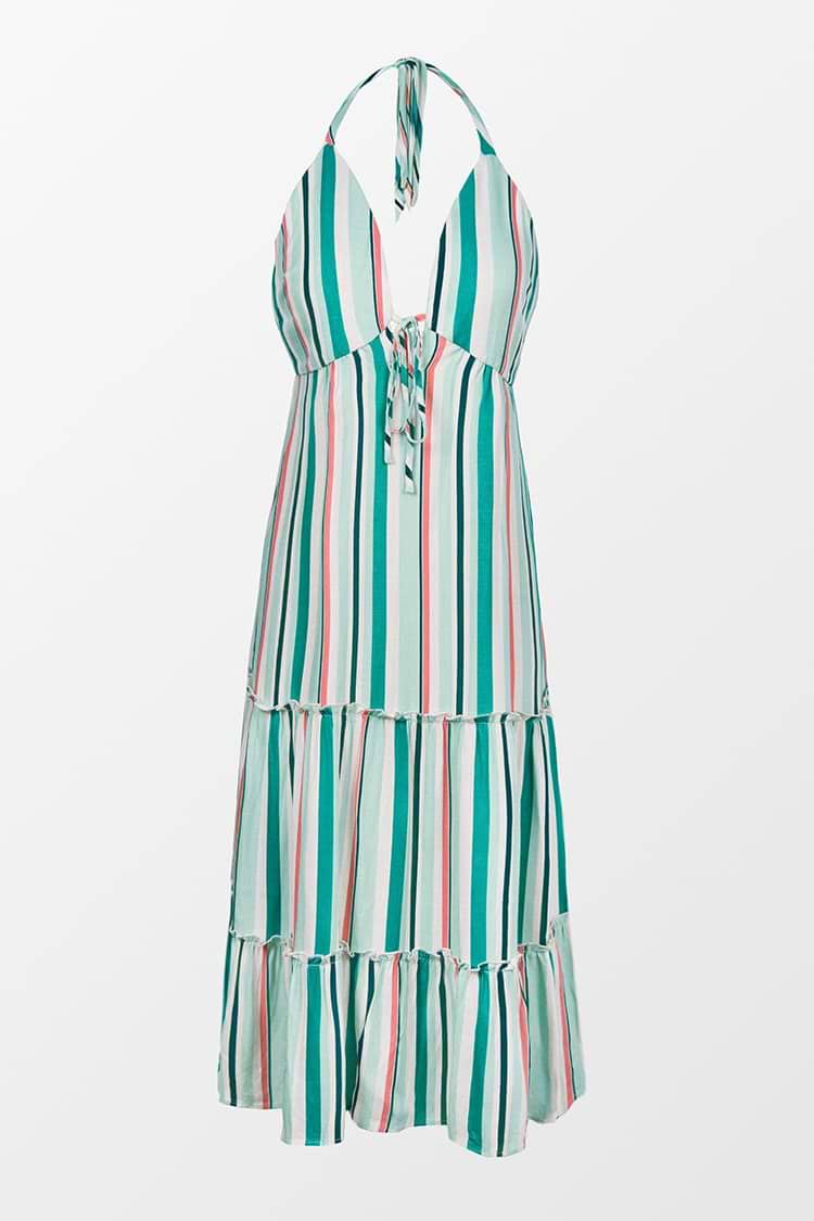 Alondra Stripe Frill Halter Neck Elastic Waisted Slip Dress