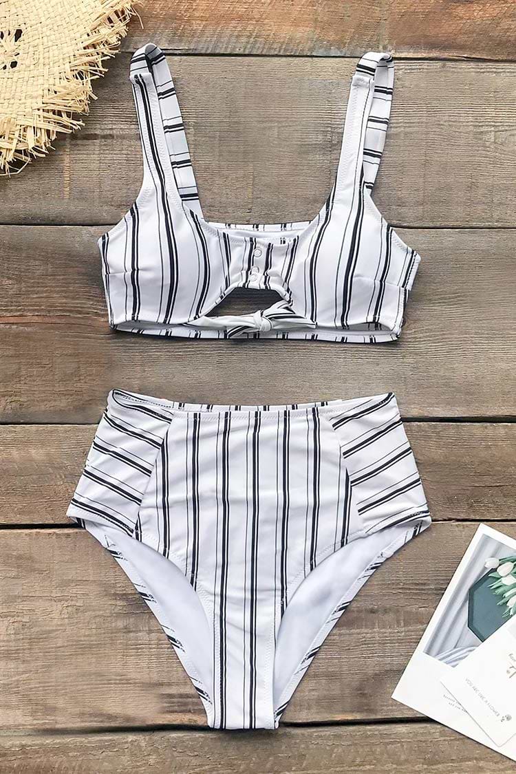 Navy and White Vertical Stripe High Waisted Bikini