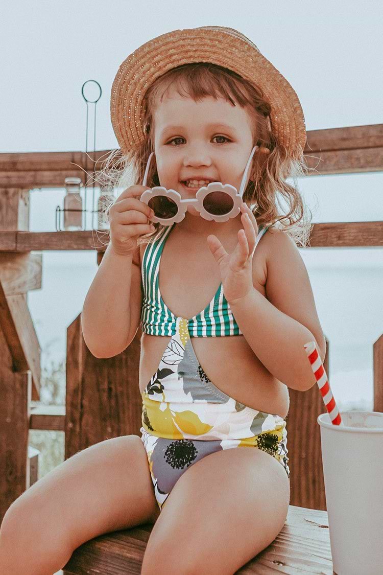 Aqua Striped and Floral One Piece Swimsuit For Toddler Girls and Girls
