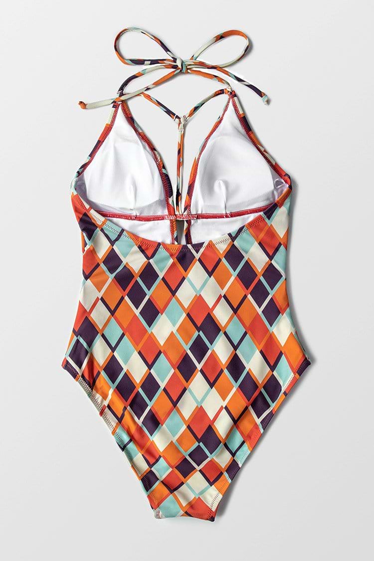 Geometric Print Plunging Neckline One Piece Swimsuit