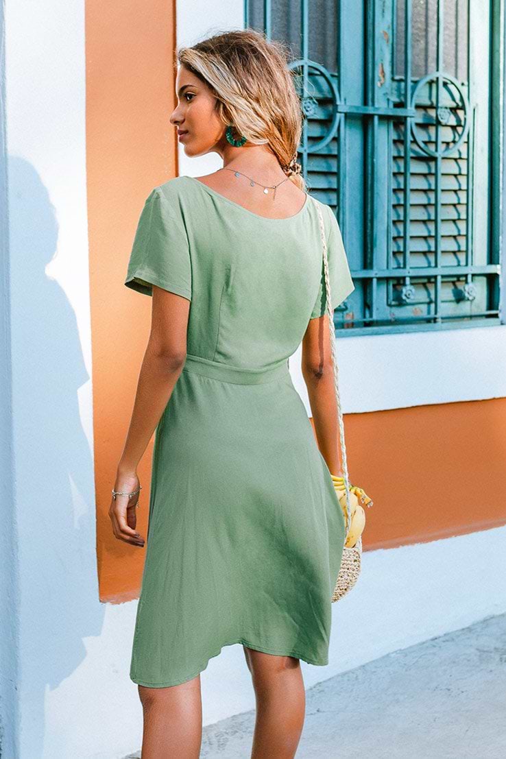 Lena Green Short Sleeve Bow Dress